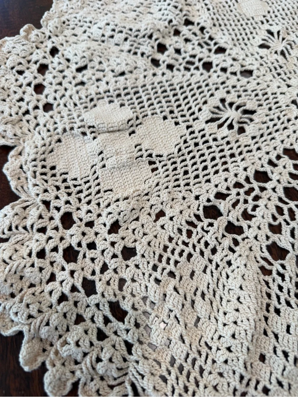 Hand crocheted vintage ivory large doily 25” diameter cottagecore traditional
